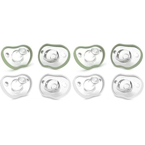 Nanobebe Baby Pacifiers 0-3 Month - Orthodontic, Curves Comfortably with Face Contour, Award Winning for Breastfeeding Babies, 100% Silicone, Baby Registry Gift 4pk, Sage/White