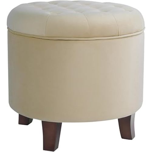 Homepop Home Decor | Upholstered Round Velvet Tufted Foot Rest Ottoman | Ottoman with Storage for Living Room & Bedroom | Decorative Home Furniture, Cream Small