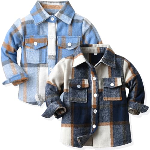 Ilyboz Little Flannels 2 Pack Toddler Baby Boys Plaid Flannel Shirts Jackets Long Sleeve Lapel Button Down Shirt Top Outfit