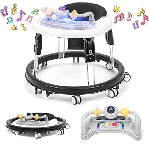 Baby Walker with Wheels,Music and Lights Baby Walker for Boys Girls 6-12 Months,Foldable Baby Walkers and Activity Center,Toddler Infant Walker with 7-Speed Height Adjustment,Detachable Plate,Black