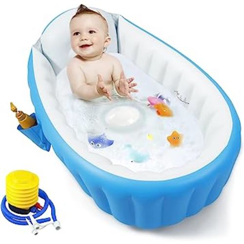 PandaEar Baby Inflatable Bathtub, Portable Travel Baby Infant Bath Tub Toddler Bathtub with Air Pump, Foldable Non-Slip Shower Basin Mini Air Swimming Pool for Newborn (Blue)