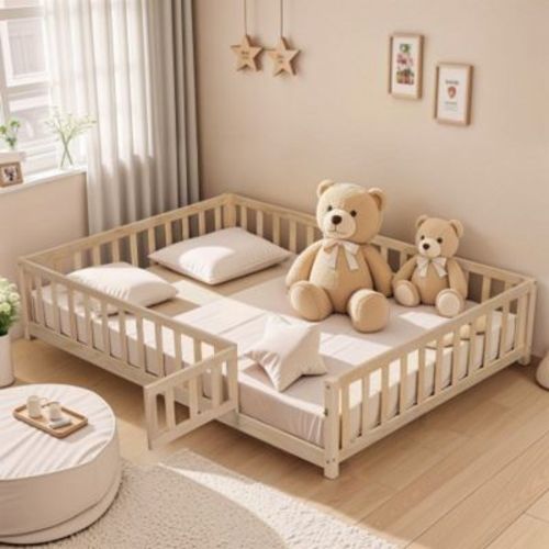 Full Size Floor Platform Bed With Fence And Door, Wooden Floor Bed Frame With Support Slats For Boys Girls Bedroom Furniture, Easy To Assembly