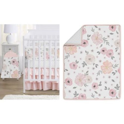 Sweet Jojo Designs Crib Bedding + BreathableBaby Breathable Mesh Liner Baby Nursery Girl Watercolor Floral Pink Grey and White - 6pcs