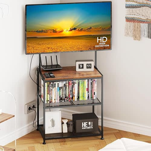 23 Inch to 50 Inch Floor Small Corner TV Stand with Storage Shelves for Living Room Bedroom, Universal Floor Television Stands with Mount, Brown TV Table Desk Shelf for Small Spaces,Patent Pending