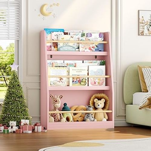 Kids Bookshelf, 3-Tier Montessori Book Shelf Organizer for Books and Toys, Toddler Bookshelf for Bedroom, Living Room, Playroom, Classroom, Nursery - Pink