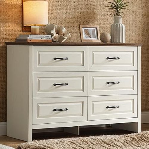 Pipishell White 6 Drawer Dresser for Bedroom, 47" Wide Wood Chest of Drawers with Bar Handles, Modern Storage Dresser Organizer for Bedroom, Living Room, Hallway, Brown & White