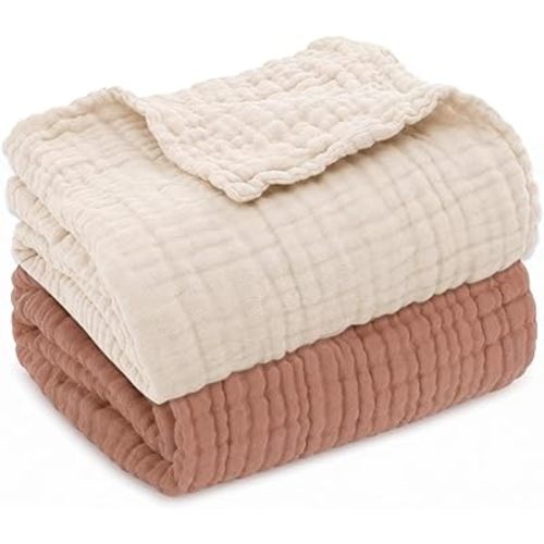 Aablexema Muslin Baby Blanket Set of 2, Beige & Coffee