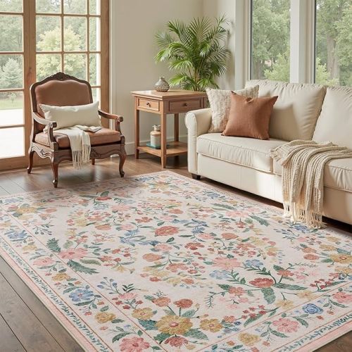 AMOAMI Vintage Floral 5x7 Area Rugs for Living Room Rug, Machine Washable Rug Non Slip Large Area Rug for Bedroom Indoor Low Pile Carpet Ultra Soft Boho Rugs for Dining Room Playroom Office, Beige