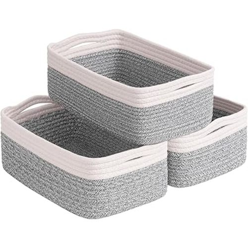 Goodpick Storage Bins, Baskets for Shelves, Cotton Rope Basket for Organization, Closet Organizer Bins, Towel Baskets for Bathroom 3 Pack, White & Light Gray, 11 x 7 x 4.5 in