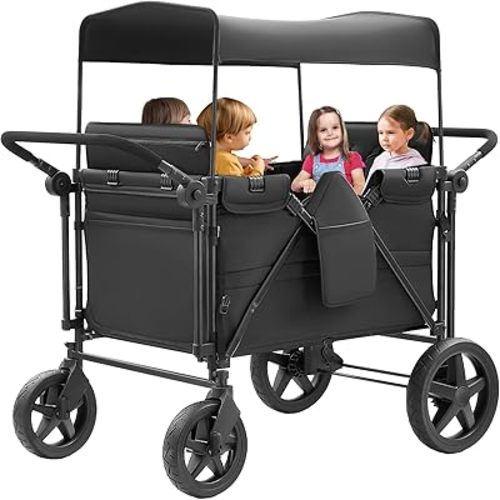 Stroller Wagon for 4 Kids, Wagon Stroller Featuring 4 High Seat with 5-Point Harnesses and Adjustable Canopy, Foldable Double Push Bar Stroller for Garden, Camping (Black)