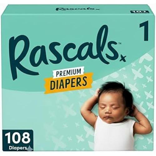 Rascals Premium Absorbent Baby Diapers Size 1, 108 Count, with 5 Sensitive Infant Wipes
