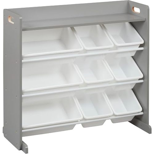 ECR4Kids 3-Tier Organizer with Shelf and 9 Removable Plastic Bins, 3x3, Toy Storage, Grey/White