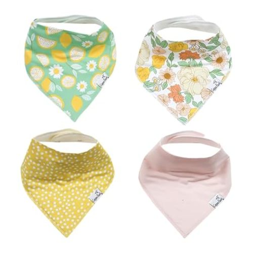Copper Pearl 4 Pack Soft Cotton Baby Bibs for Drooling and Teething, Absorbent Drool Bibs for Baby Girl and Boy, Adjustable to Fit Newborns to Toddlers, Tons of Styles (Lemon)