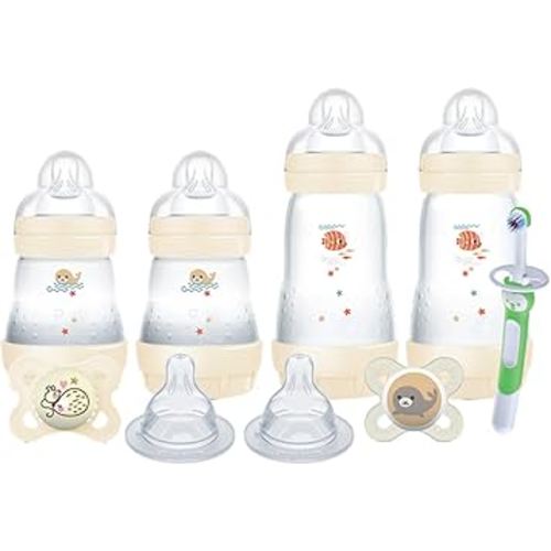 MAM Welcome Home Feeding Set, Newborn Essentials Must Have for 0-3 Months, Including 9 Piece, Easy Start Anti-Colic Baby Bottle, Pacifiers, Skinsoft Silicone Nipples, Training Toothbrush, Baby Gift