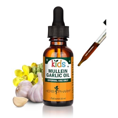 Herb Pharm Kids Mullein Garlic Ear Oil: Alcohol-Free Herbal Ally for Kids, Made with Certified Organic Mullein, Certified Organic Garlic, & USDA Organic Calendula, Topical Use Only, for Children, 1 oz