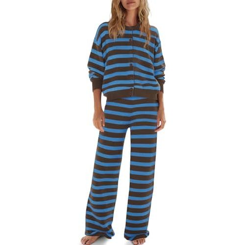 ReachMe Womens Oversized Striped 2 Piece Sets Button Up Cardigan and Wide Leg Pants with Pockets Fall Pajama Outfit