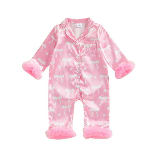 Baby Girl Pajamas Newborn Bow Print Button Down Romper Jumpsuit Furry Trim Nightgown Infant Valentines Sleepwear One-Piece Pjs,0-18M