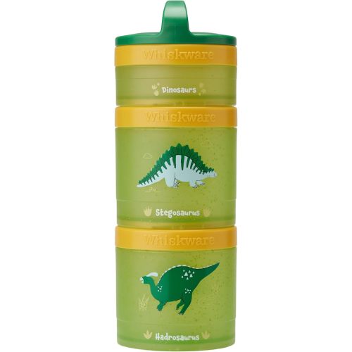 Whiskware Dinosaur Stackable Snack Containers for Kids and Toddlers, 3 Stackable Snack Cups for School and Travel, Green/Orange