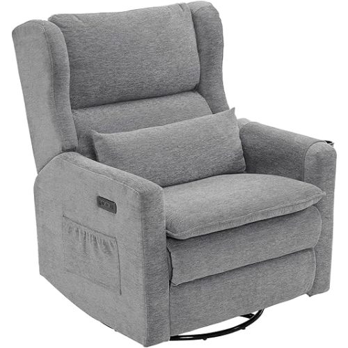 Oversized Swivel Rocker Recliner with Adjustable Headrest, 26" Extra Wide Glider Recliner Nursery Chair with Double Cushion, Chenille Glider Rocking Chair for Living Room,Cup Holder,Grey