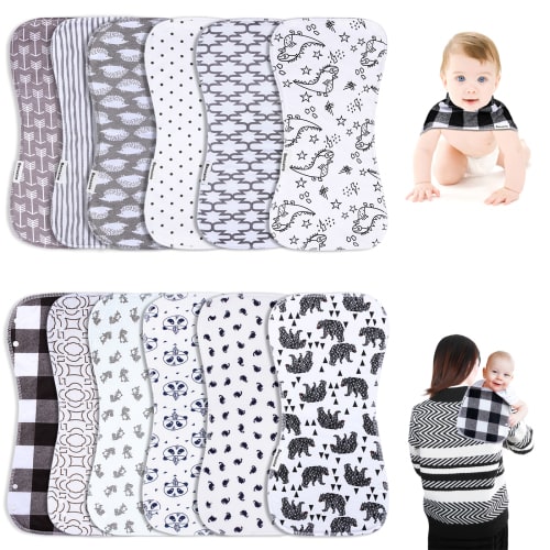 2-in-1 Burp Cloths & Baby Bibs for Boys and Girls, Large Size,Soft & Absorbent, Animal Pattern, 12-Pcs