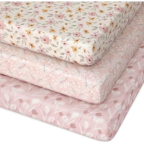 Unnivoll Pack and Play Sheets Fitted 3 Pack, Mini Crib Sheets for Pack N Play Mattress Stretchy Portable Playard Sheets, Soft Breathable Pink Flowers & Leaf