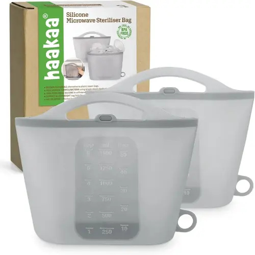 Haakaa On-The-Go Silicone Microwave Steam Sterilizer Bags for Travel, 50oz/1500mlReusable Silicone Steaming Bags for Baby Bottles, Breast Pump, Accessories, Pacifiers, Teethers,Grey/2PCS