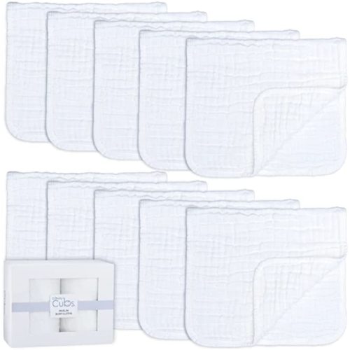 Muslin Burp Cloths Large 100% Cotton Hand Washcloths 6 Layers Extra Absorbent and Soft by Comfy Cubs (White, 10-Pack, 20" X10" ) - 10-Pack 20"X10"