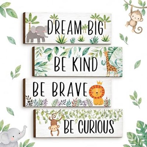 4 Pieces Woodland Nursery Room Decor Kind Brave Curious Safari Wall Art
