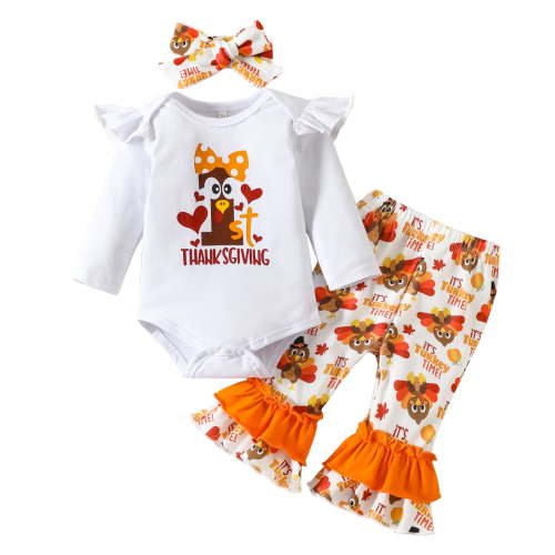 Younger Tree Baby Girl Thanksgiving Clothes Outfits Turkey Print Long Sleeve Romper Pants Headband 3pcs Set,6-12M