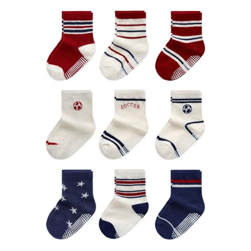 Baby Toddler Essentials Non-Slip Crew Socks for Unisex Boys Girls | Full-Sole Silicone Grips,Combed Cotton,9 Pairs Neutral Colors,Reinforced Heel & Toe,Elastic Cuff,Machine Washable