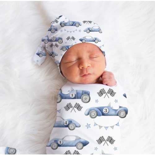 Blue Race Car Baby Boy Blanket | Swaddle Set | Knot Hat or Beanie Cap | Baby Shower Gift | Photo Prop | Keepsake | Come Home Outfit