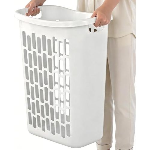 Tall Slim Plastic Laundry Hamper with Handles, 65L Large Capacity, White, Space-Saving Design for Dorm Closet & Small Spaces