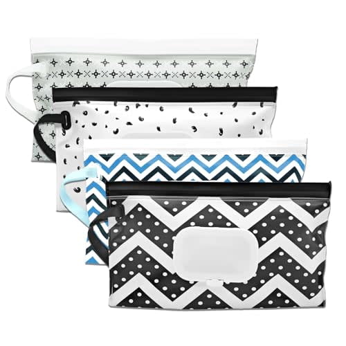 4 Packs Baby Wipes Dispenser,Portable Refillable Wipe Holder with Hanging Loop,Wet Wipes Container,Reusable Travel Baby Wipes Pouch for Indoor & Outdoor Using