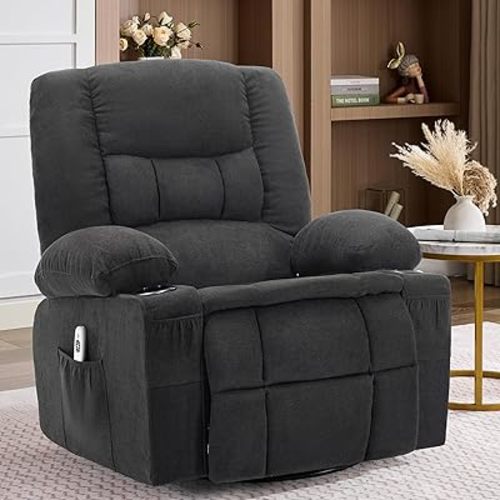 Oversized Swivel Rocker Recliner Chair with Massage & Heat,Nursery Rocking Chairs for Living Room,Ergonomic Relining Chair with Cup Holders,USB Charge Port,Side Pockets,Recliner Chair for Adults,Black