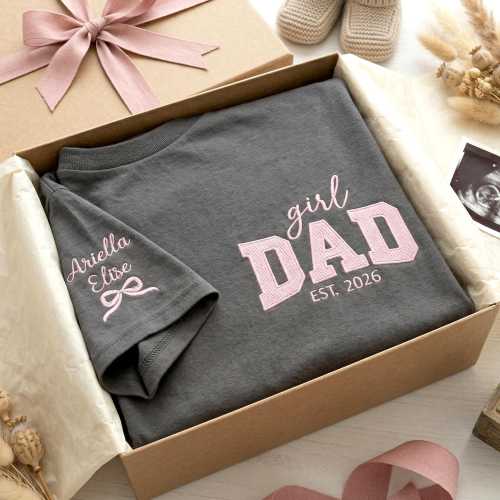 Expecting Girl Dad Shirt, Pregnancy Announcement Shirt for Dad, Embroidered Dad Of Girls Shirt With Name, Girl Dad Gift From Parents