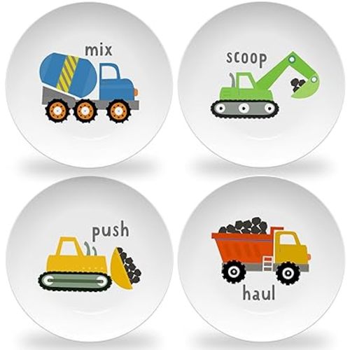 Tiny Expressions - Construction Plates for Toddlers - Set of 4 Melamine Plates for Kids - Excavator, Cement Mixer, Bulldozer, and Dump Truck - Fun Plastic Dinnerware for Kids