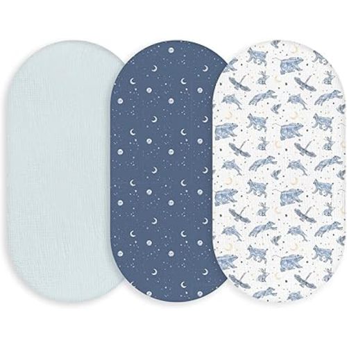 Gllquen Baby Muslin Bassinet Sheets 3 Pack, Breathable Elastic Cozy Fitted Cotton Bassinet Mattress Sheet for Baby Boy Girls, Fit for Hourglass Oval Rectangular Cradle Pad Sheets 33"x17" (Star)