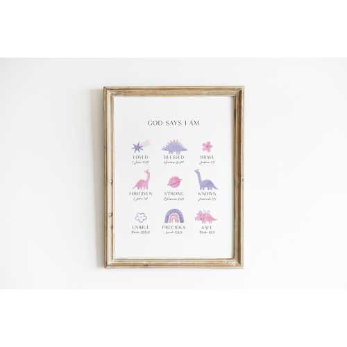 God Says I Am Pink Dinosaur Nursery Art Watercolor Purple Dinosaur Art Christian Kids Affirmation Bible Verse Print Dino Girl Room XGSI3-A1