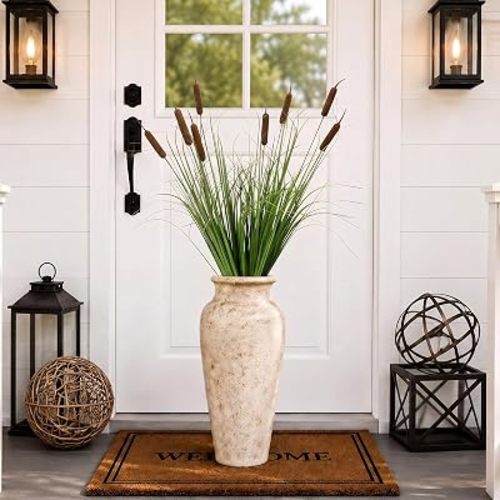 Sureio 32" 2 Bundles Artificial Cat Tails Flower Green Grass Fake Brown Cattails Floral Stems Plant Decorations for Outdoor Home Porch Decor Farmhouse Office DIY Floral Arrangements