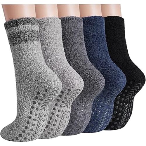 Fuzzy Socks Men with Grips, Cozy Fluffy Elderly Slipper Sock Non Slip Thick Winter Warm Hospital Sleep Home 5 Pairs