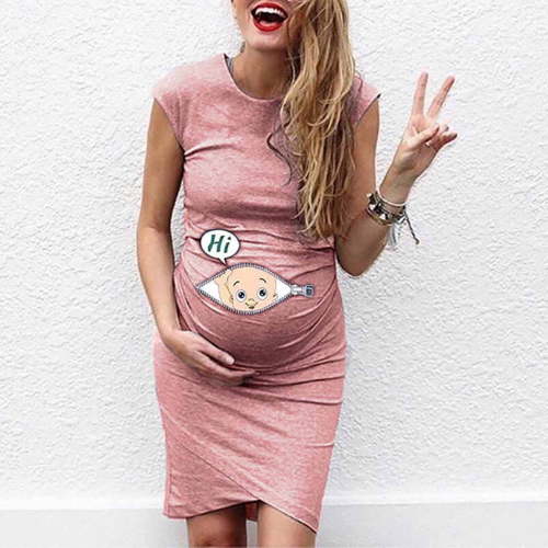 Edvintorg Women Pregnancy Dress Fashion Kawaii Casual Sleeveless Medium Long Cartoon Printed Round Neck Maternity Dresses Vestidos Para Embarazadas
