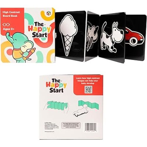 Happy Start Award-Winning High Contrast Board Book - Newborn Black & White Baby Cards, Easy to Clean, Hospital Approved, Stands on Its Own, Tummy Time Toy, Ages 0+ (English)