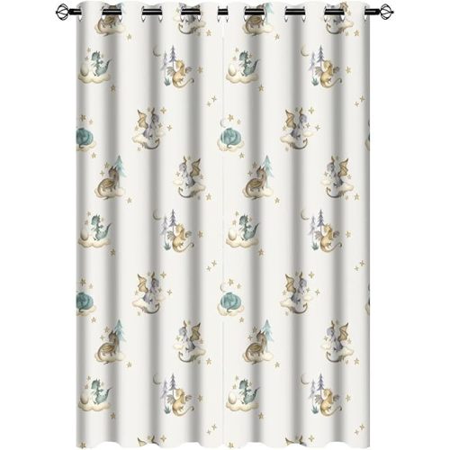 Watercolor Cute Baby Dragon Blackout Curtains for Bedroom,Fantasy Cartoon Mid Century Woodland Dragon Grommet Thermal Insulated Room Darkening Curtains 63L x 21W,2 Panels