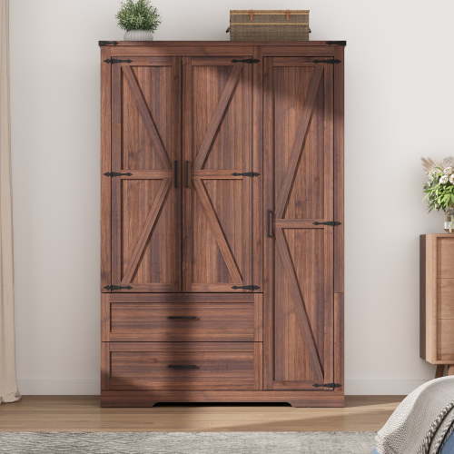 Blotout 3 Door Farmhouse Armoire Wardrobe Closet With 2 Drawers, 70"Tall Wooden Wardrobe Cabinet with Hanging Rod and Adjustable Shelves for Bedroom, Brown