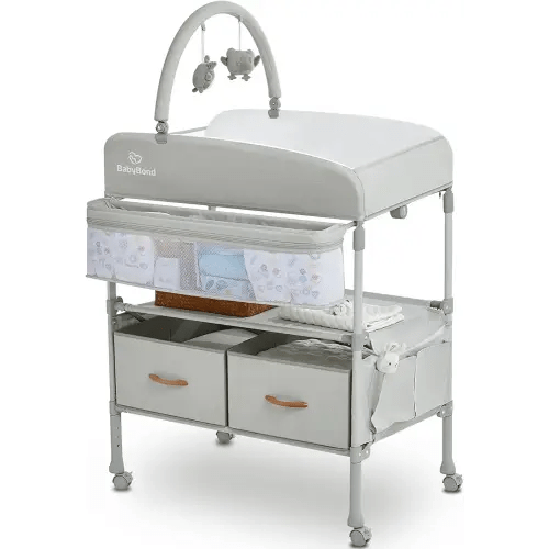 BabyBond Portable Baby Changing Table with 2 Storage Baskets, Foldable Changing Table Dresser Diaper Changing Table Height Adjustable Changing Station for Infant and Newborn(Beige)