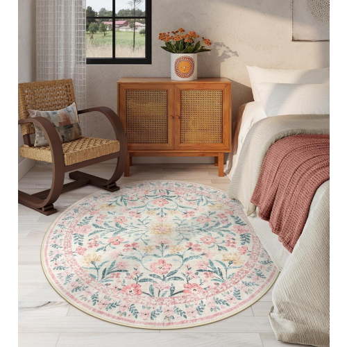 Moynesa 6'Round Boho Light Pink Rug, Washable Small Circle Rugs for Bedroom, Pink and Green Circular Rug, Soft Non-Slip Round Carpet for Sunroom,Pink