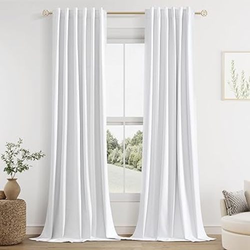 Guken 100% Blackout Linen Curtains 42 Inch Wide by 96 Inch 2 Panels Set for Living Room Bedroom Back Tab Thermal Insulated Black Out Linen Drapes Room Darkening Window Curtains, White