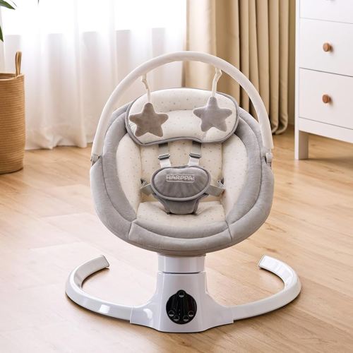 HARPPA Electric Baby Swing for Infants, Wireless Music, 5 Adjustable Speeds, 5-Point Safety Harness, Removable Toy Bar & Timer, Compact for Indoor/Outdoor Use (Gray)