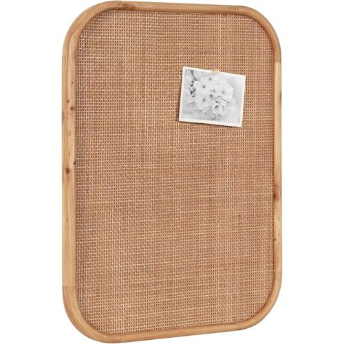 Kate and Laurel Planche Modern Rattan Wall Pinboard, 20 x 26, Natural Wood, Boho Rounded Rectangle Wall Organizer for Use as Cork Board, Vision Board, or Bulletin Board