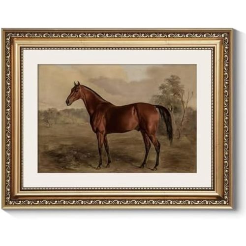 Vintage Gold Framed Horse Wall Art, Bedroom Bathroom Living Room Classic Horse Picture Wall Decor, Canvas Prints, Antique Picture Frame Rustic Paintings Home Farmhouse Decor, 11x14 Inch